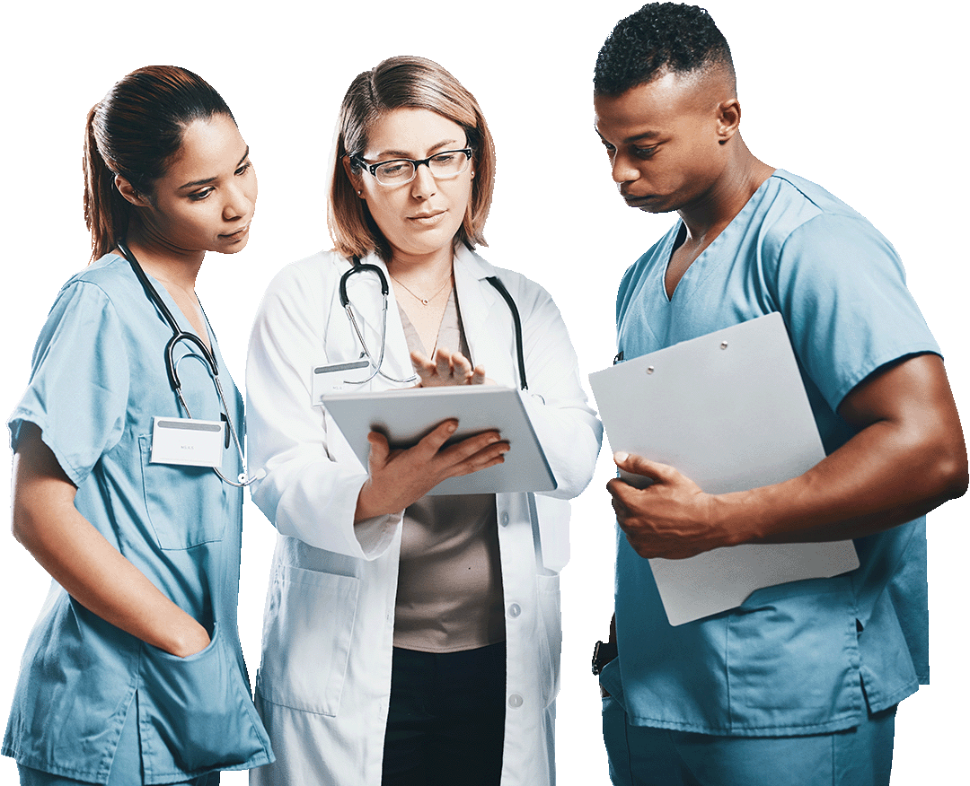 three doctors inspecting clipboard